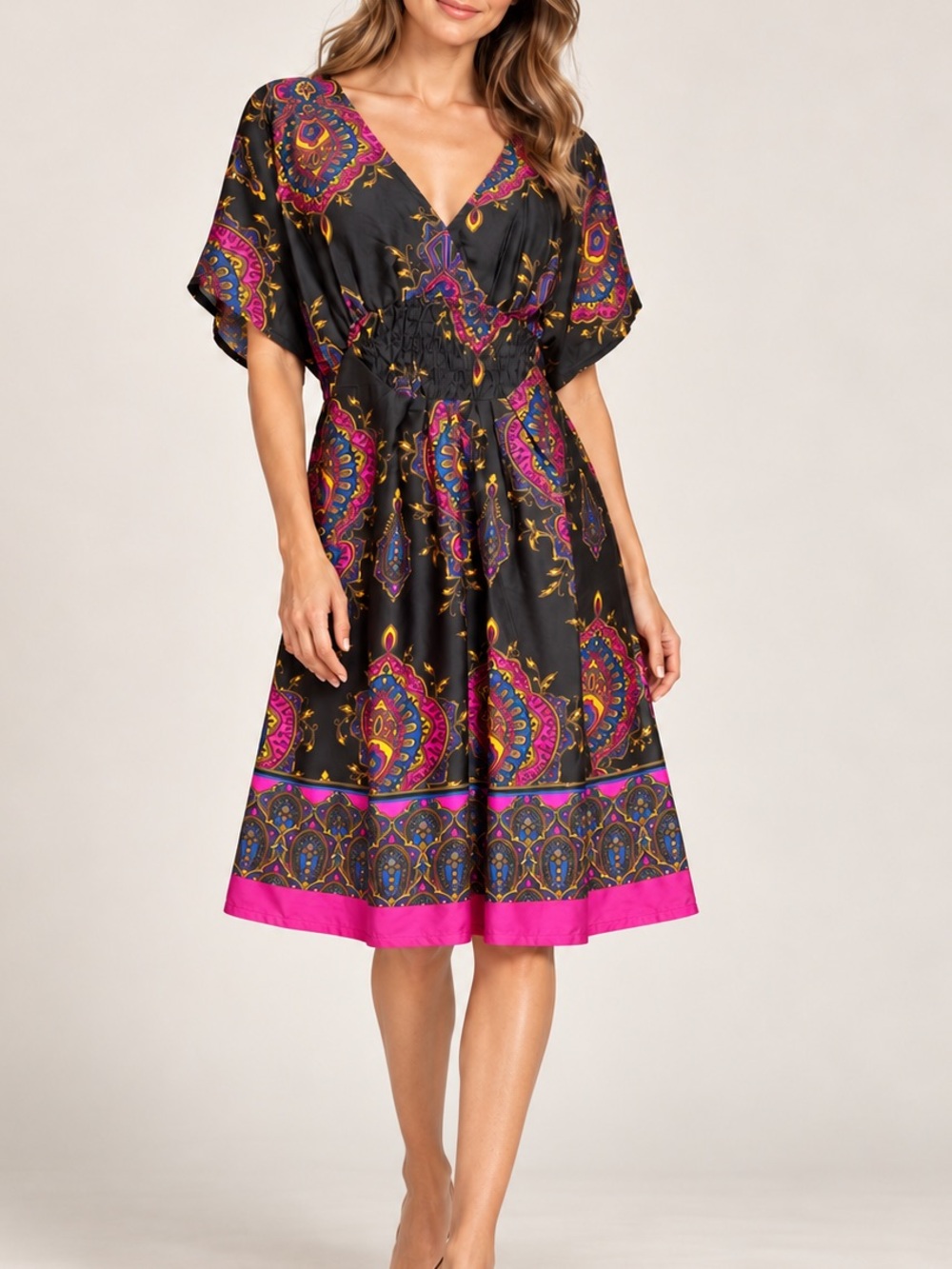 Magazine Black and hot pink silk dolman sleeve v-neck relaxed fit dress